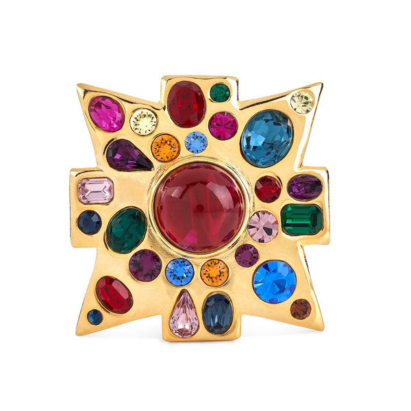 Gold Multi-Gem Maltese Cross Pin