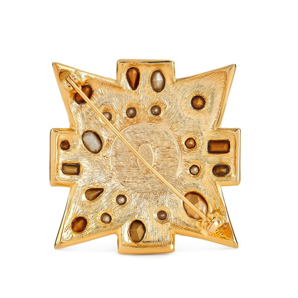 Gold Multi-Gem Maltese Cross Pin