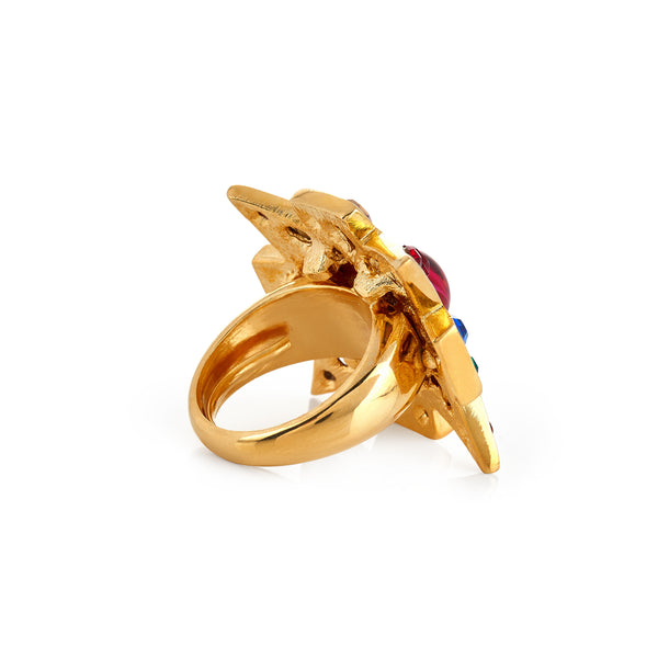 Gold Multi-Gem Maltese Cross Ring