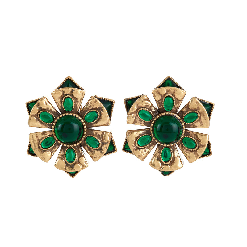 Antique Gold Emerald Cabochon Earrings