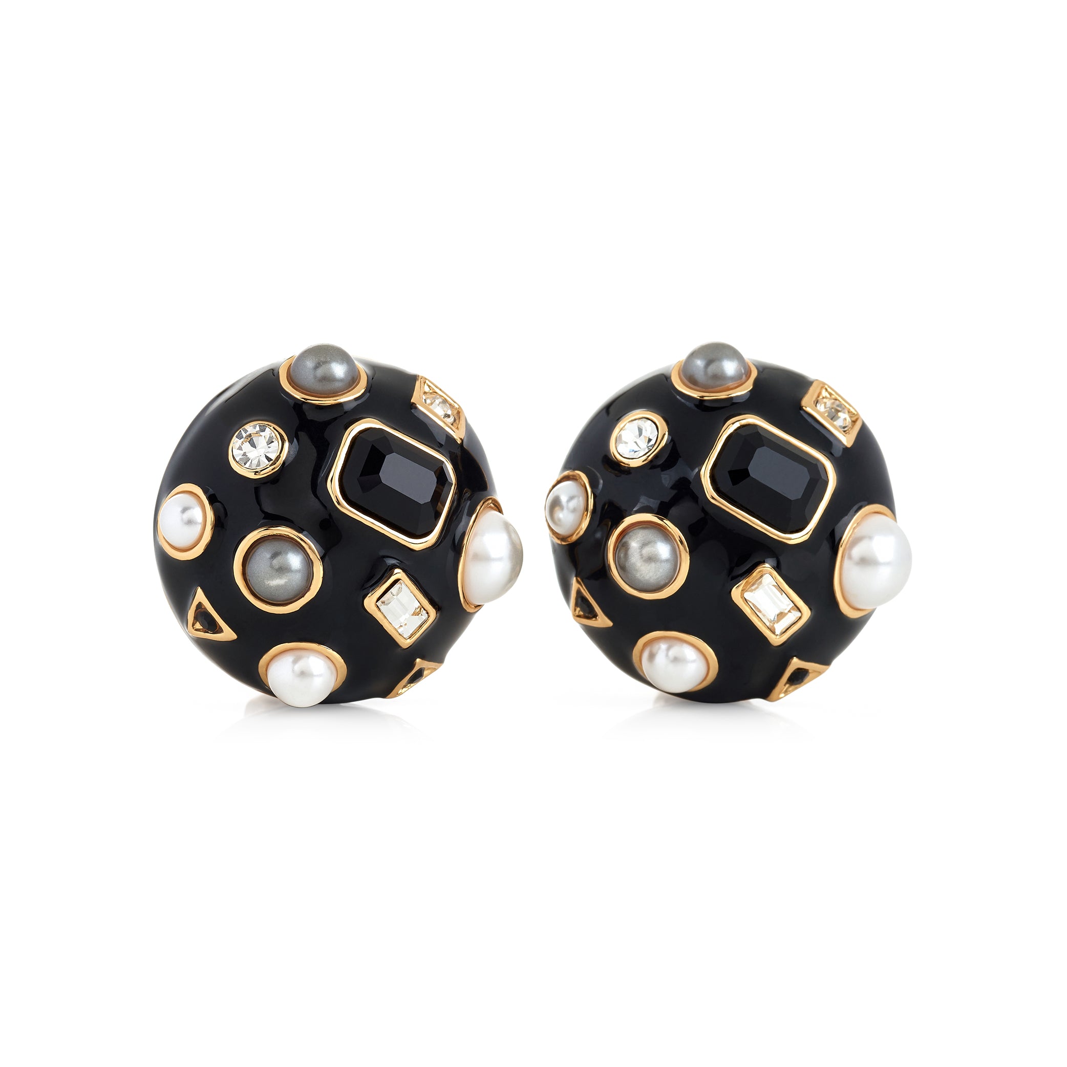 Gold & Black Enamel Round Domed Earring