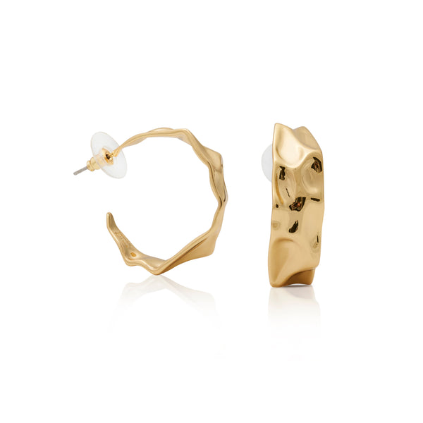 Polished Gold Textured Hoop Post Earring