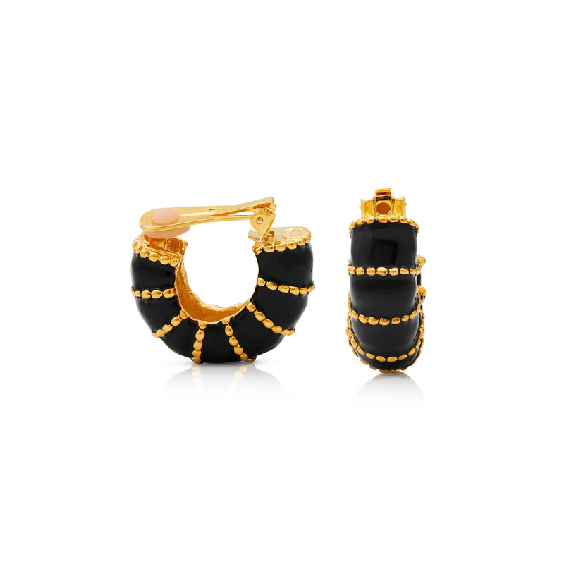 Gold & Black Enamel Hoop Clip Earrings