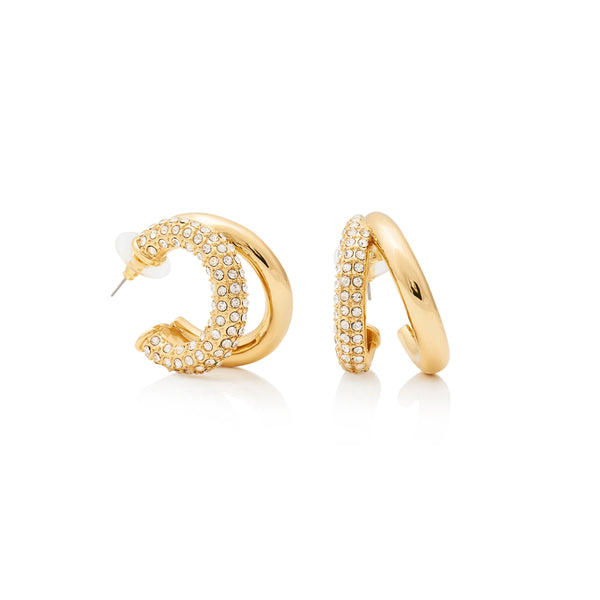 Polished Gold & Crystal Double Hoop Post Earring