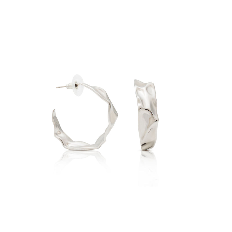 Polished Silver Textured Hoop Post Earring