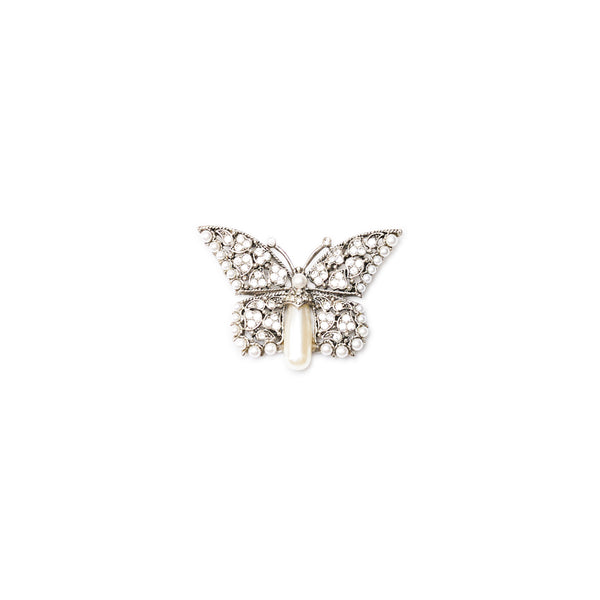 Antique Silver Crystal & Pearl Butterfly Pin