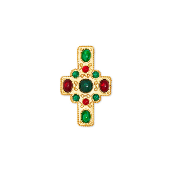 Satin Gold Ruby & Emerald Cross Pin