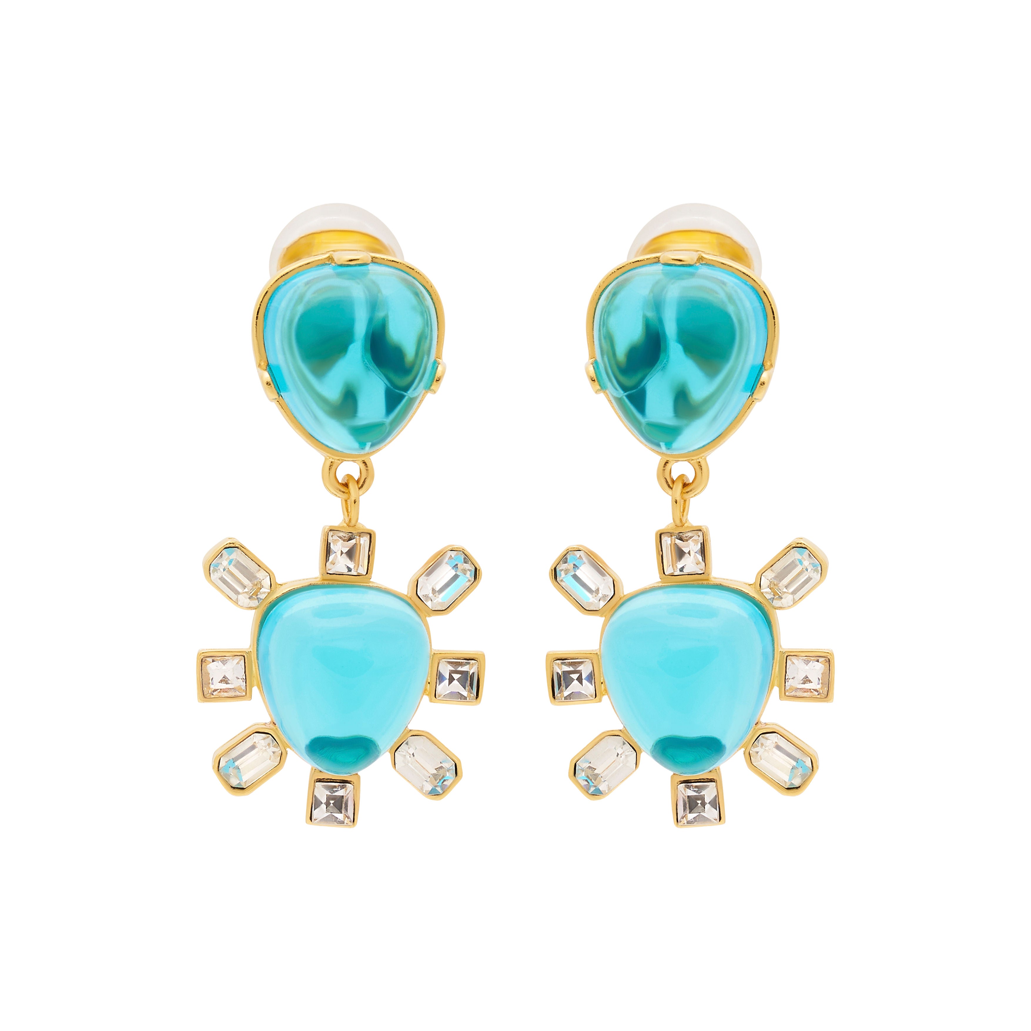 Gold & Aqua Drop Clip Earrings