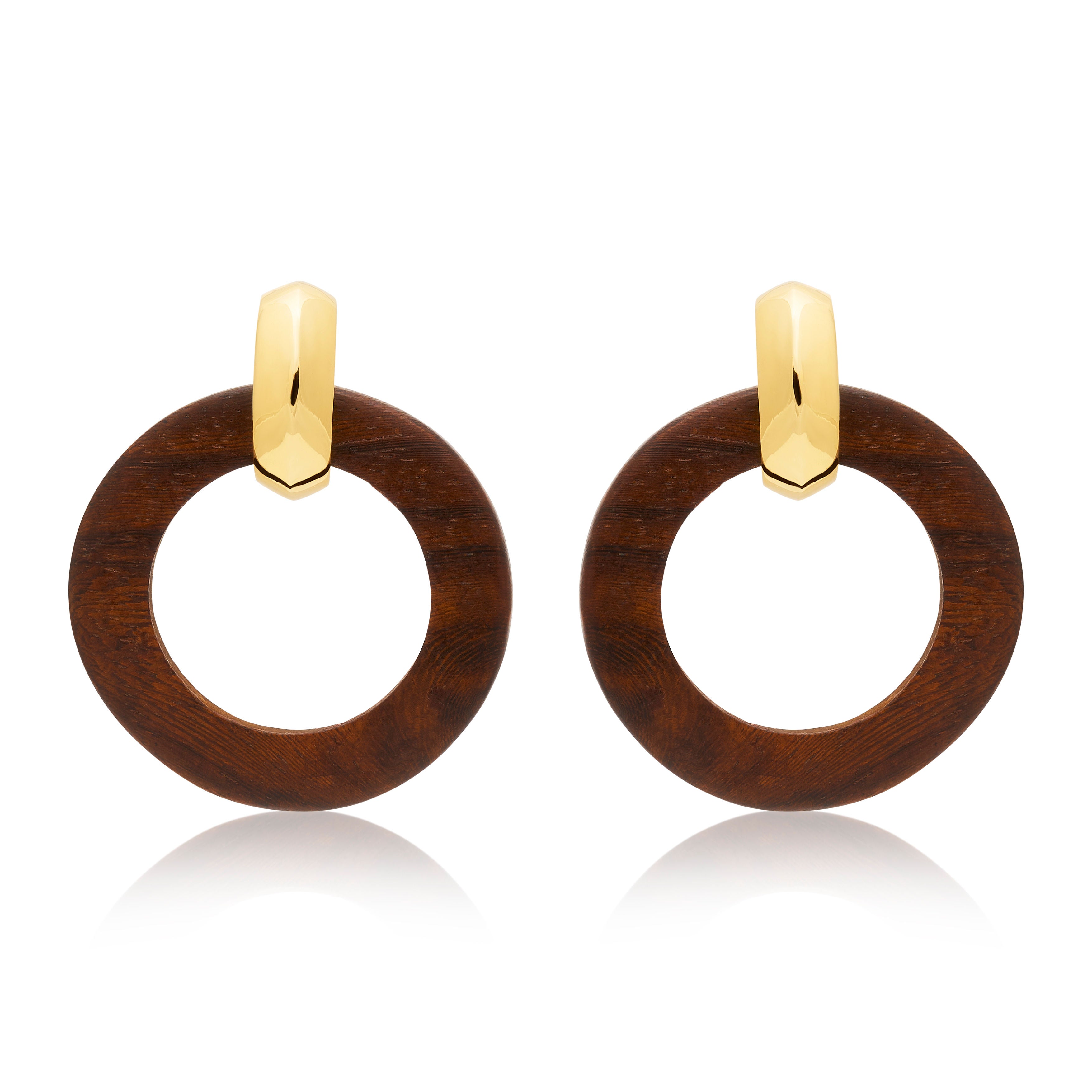 Polished Gold & Wood Doorknocker Clip Earrings