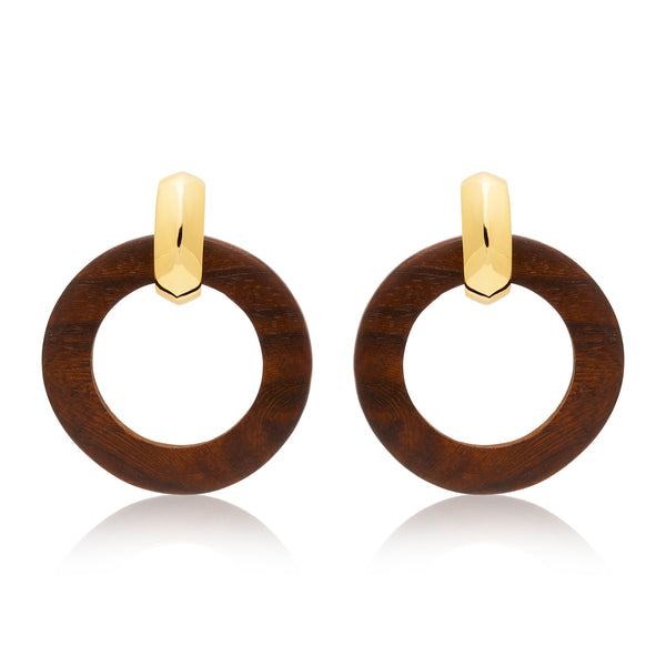 Polished Gold & Wood Doorknocker Clip Earrings