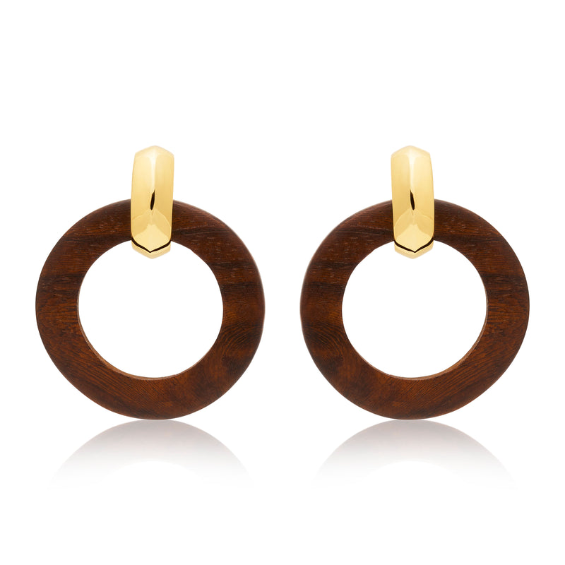 Polished Gold & Wood Doorknocker Clip Earrings