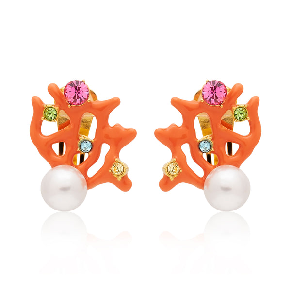 Multi Pastel & Pearl Coral Branch Clip Earring