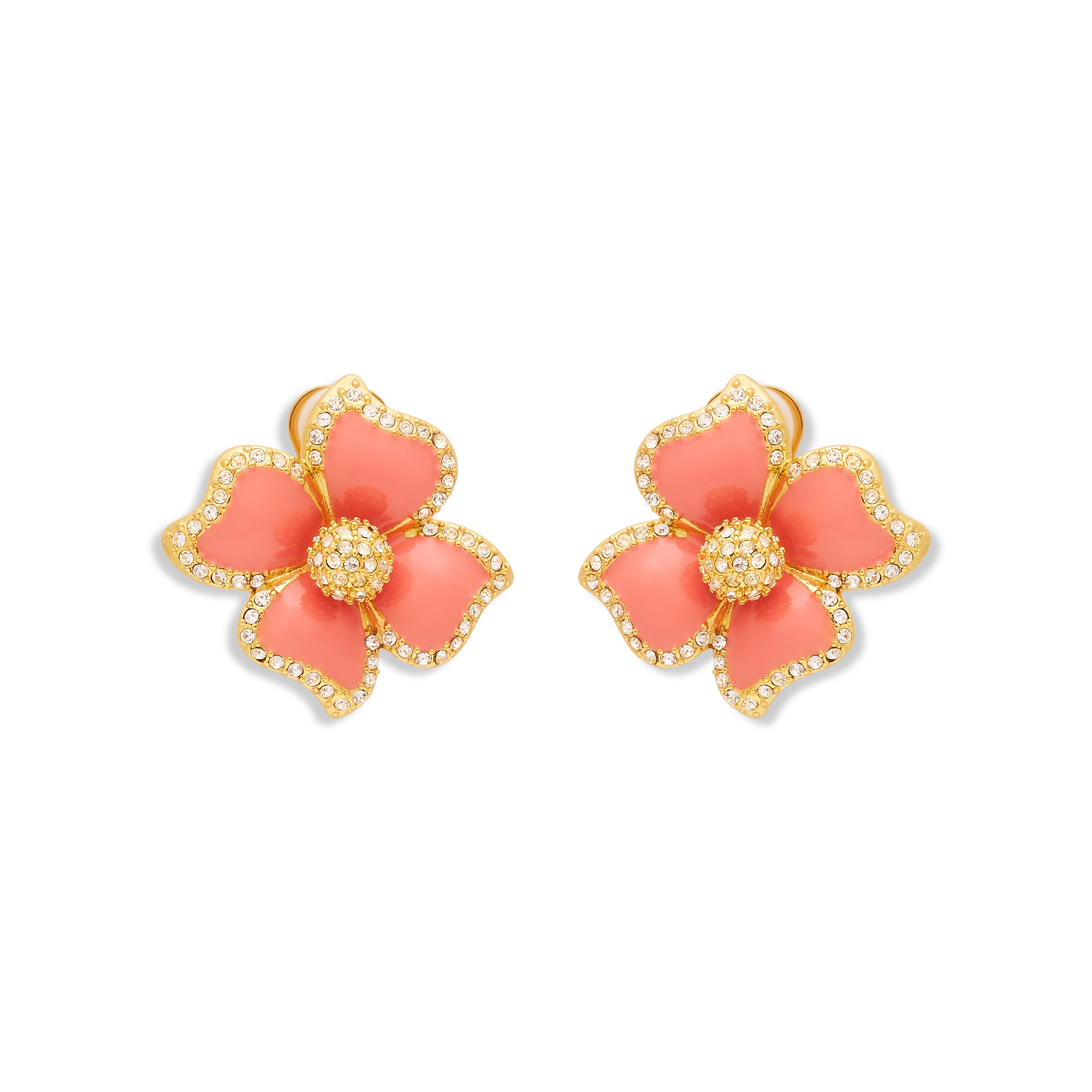 Pink Enamel Flower Clip Earrings