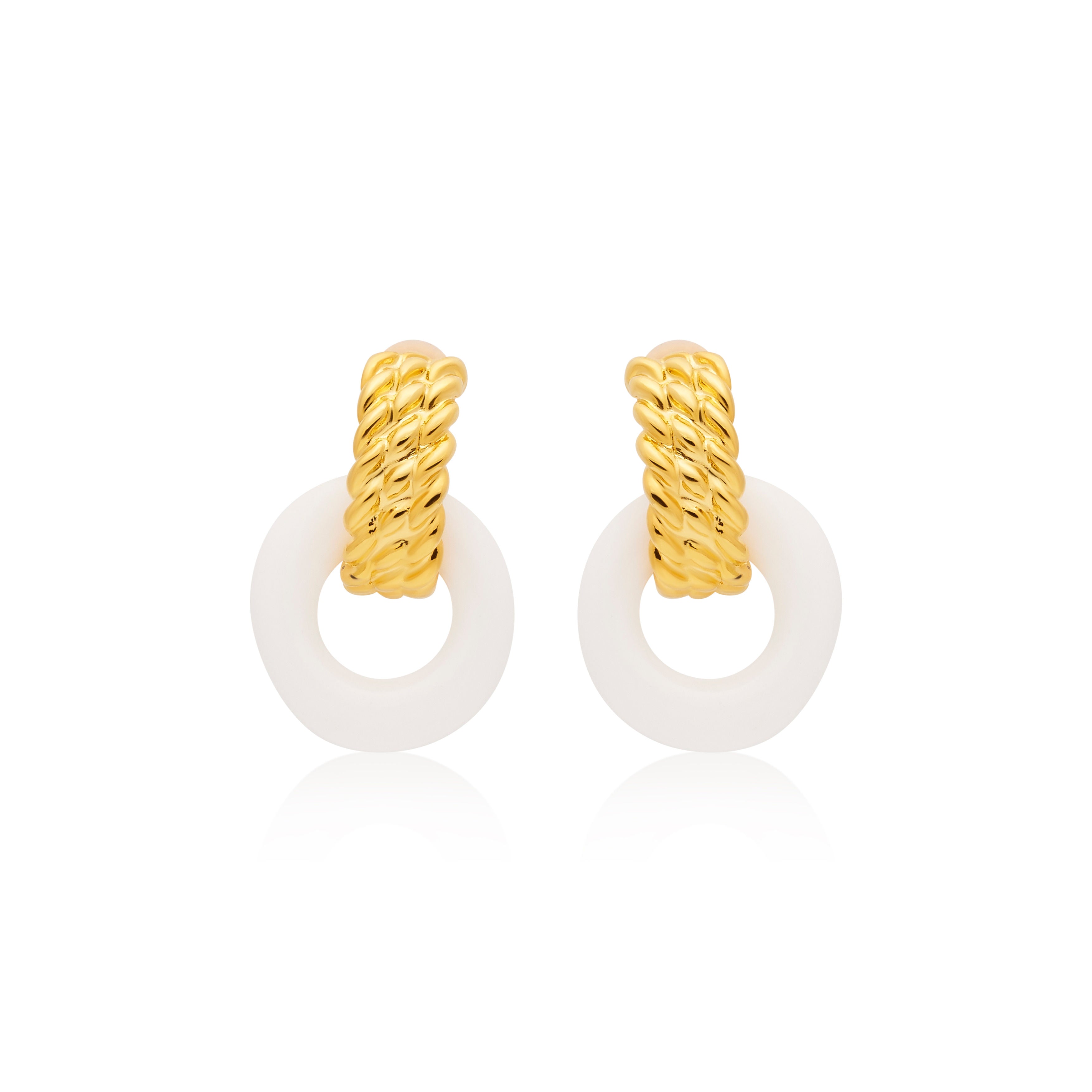 Gold & White Doorknocker Clip Earrings