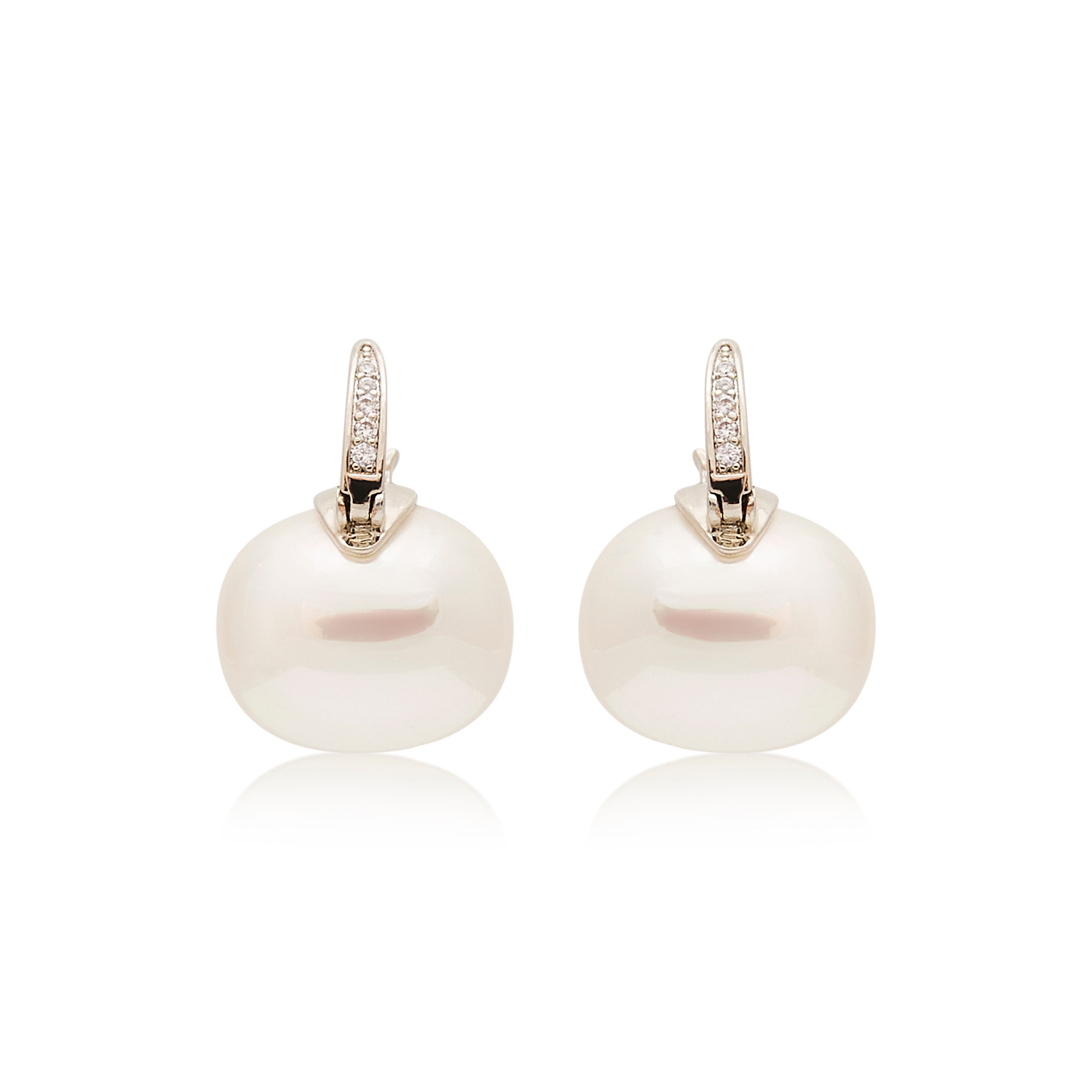 Rhodium & Rhinestone Pierced Pearl Drop Earring