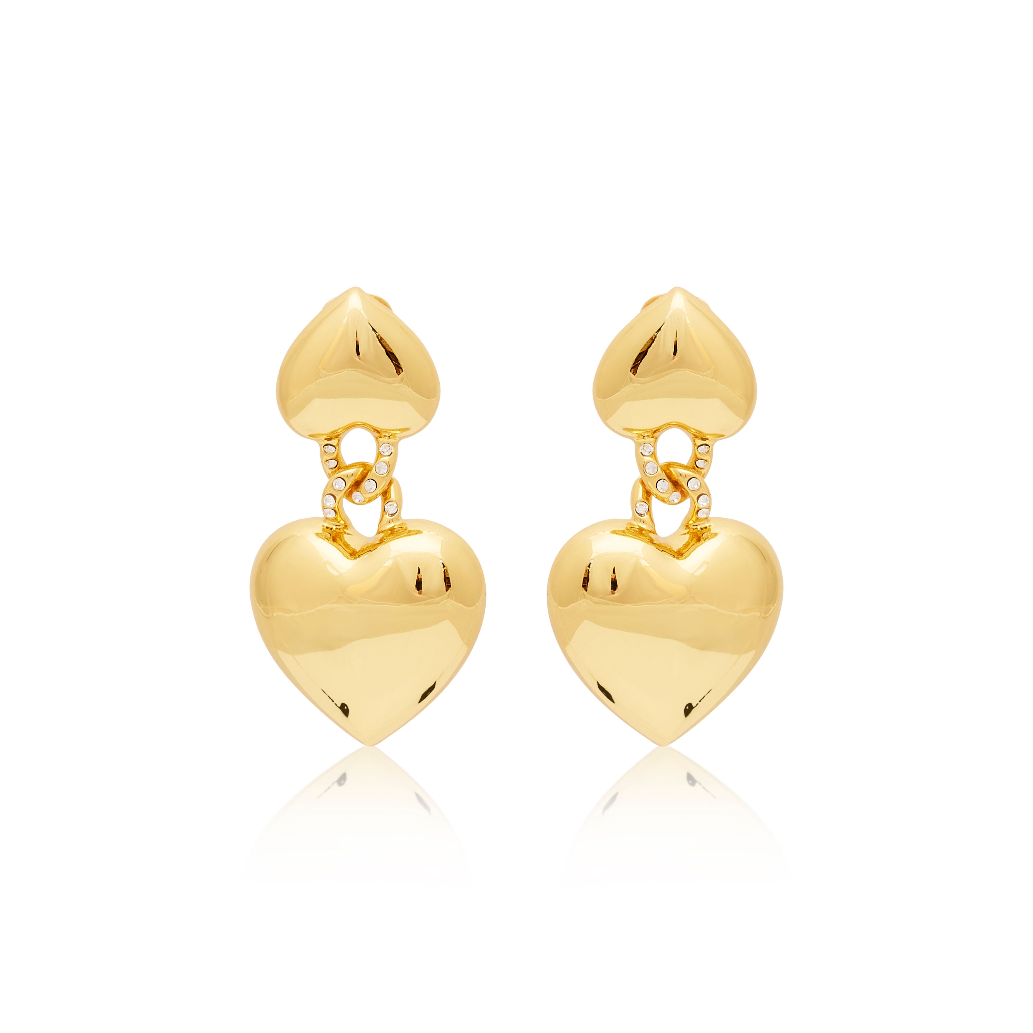 Gold & Rhinestone Heart Drop Clip Earrings