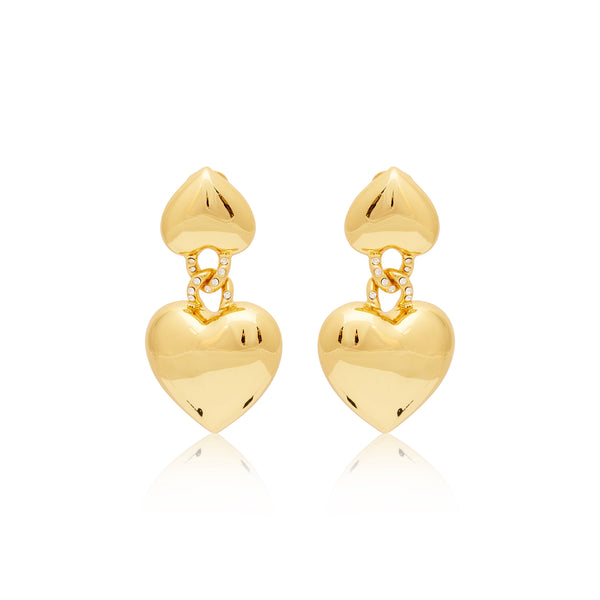 Gold & Rhinestone Heart Drop Clip Earrings