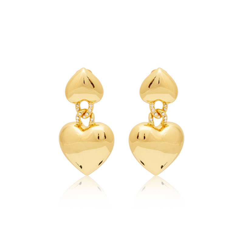 Gold & Rhinestone Heart Drop Clip Earrings