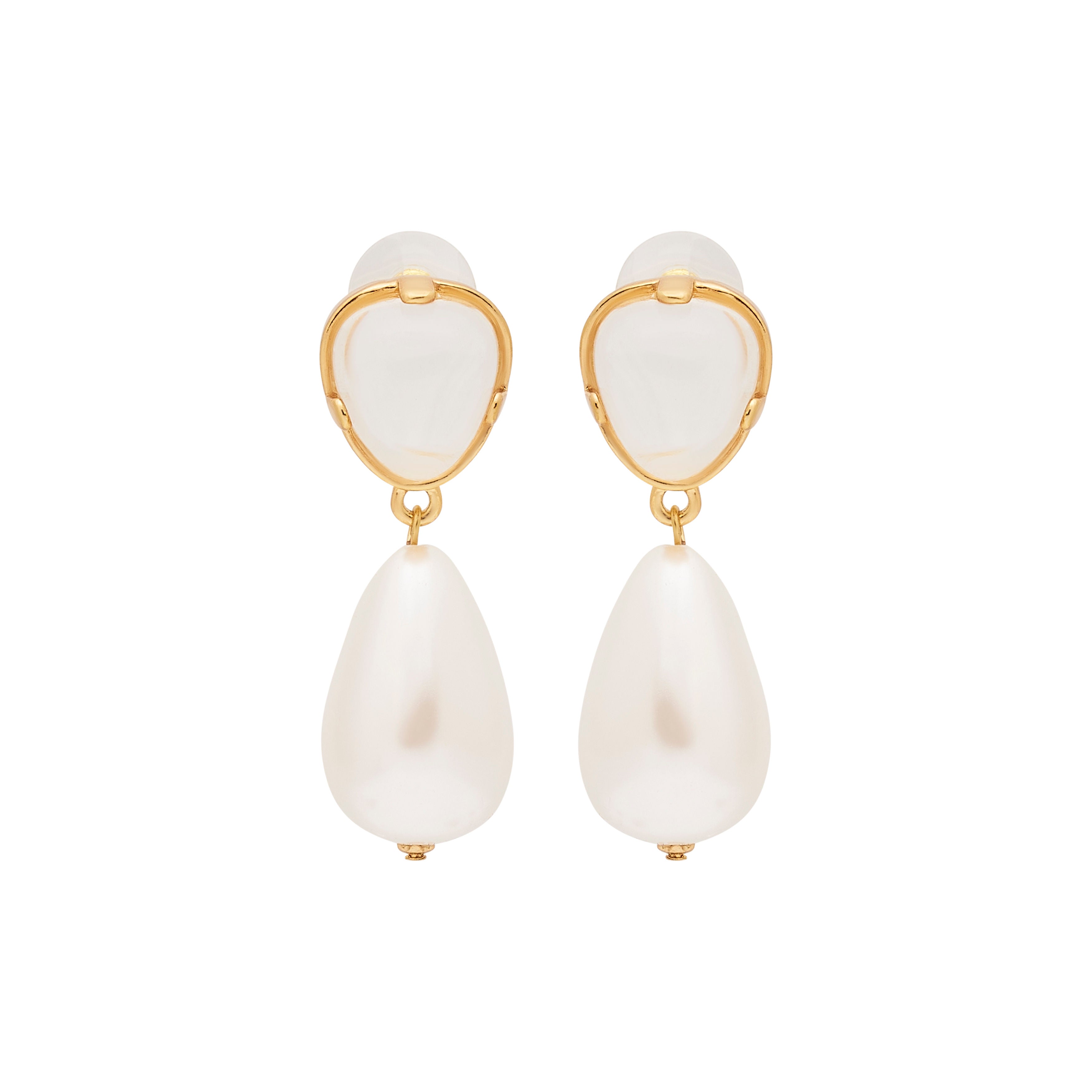 Clear & Pearl Drop Pierced Gold Earrings