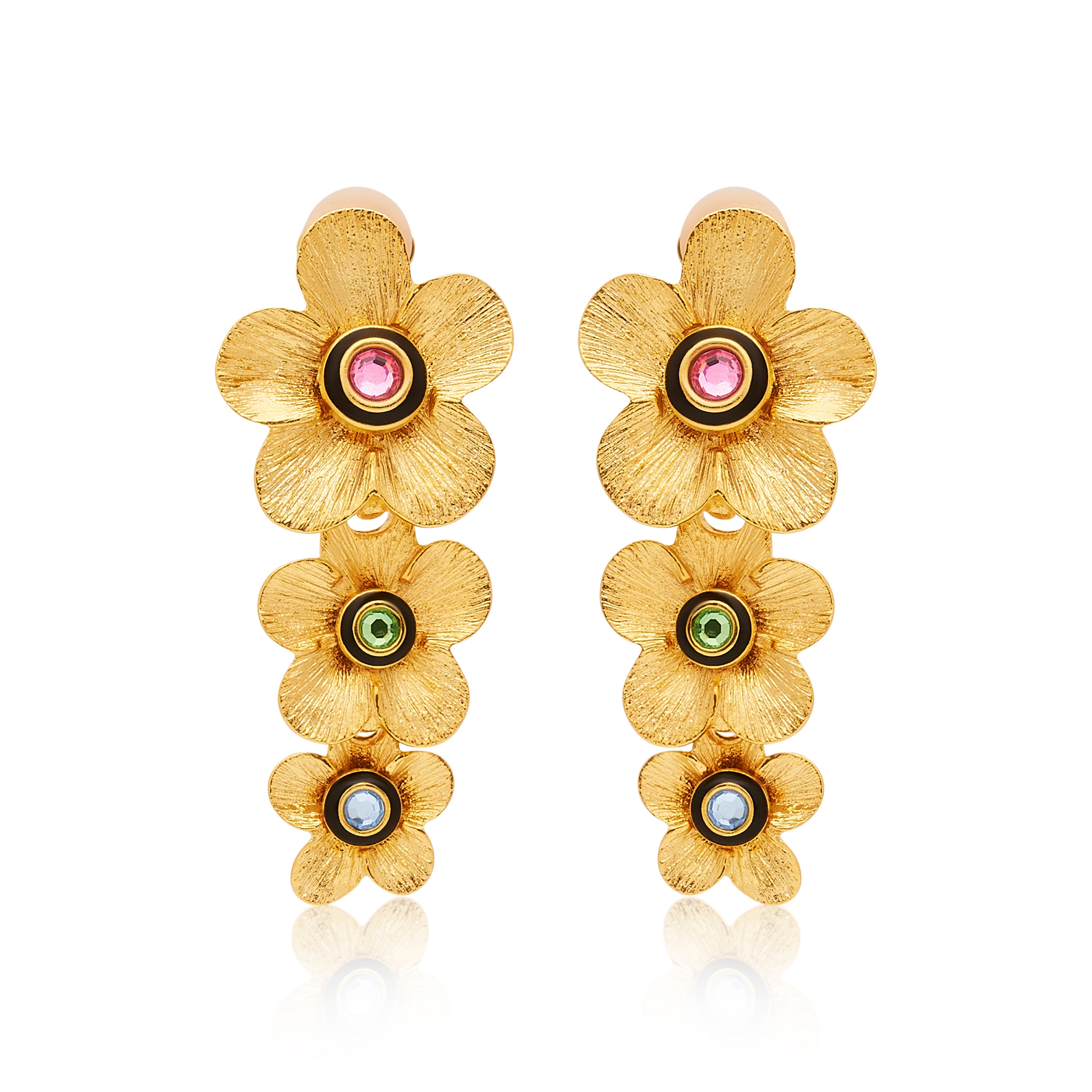 Gold Graduated Drop Flower Clip Earrings