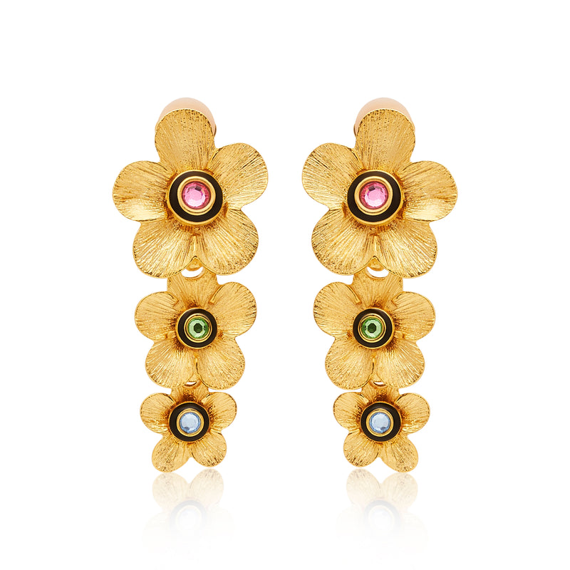 Gold Graduated Drop Flower Clip Earrings