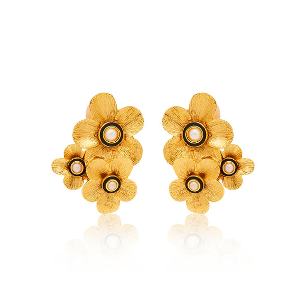 Gold & Pearl Floral Cluster Clip Earrings