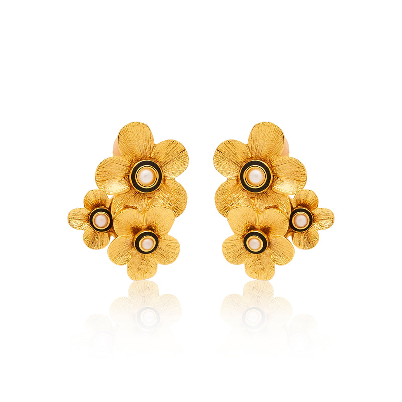 Gold & Pearl Floral Cluster Clip Earrings