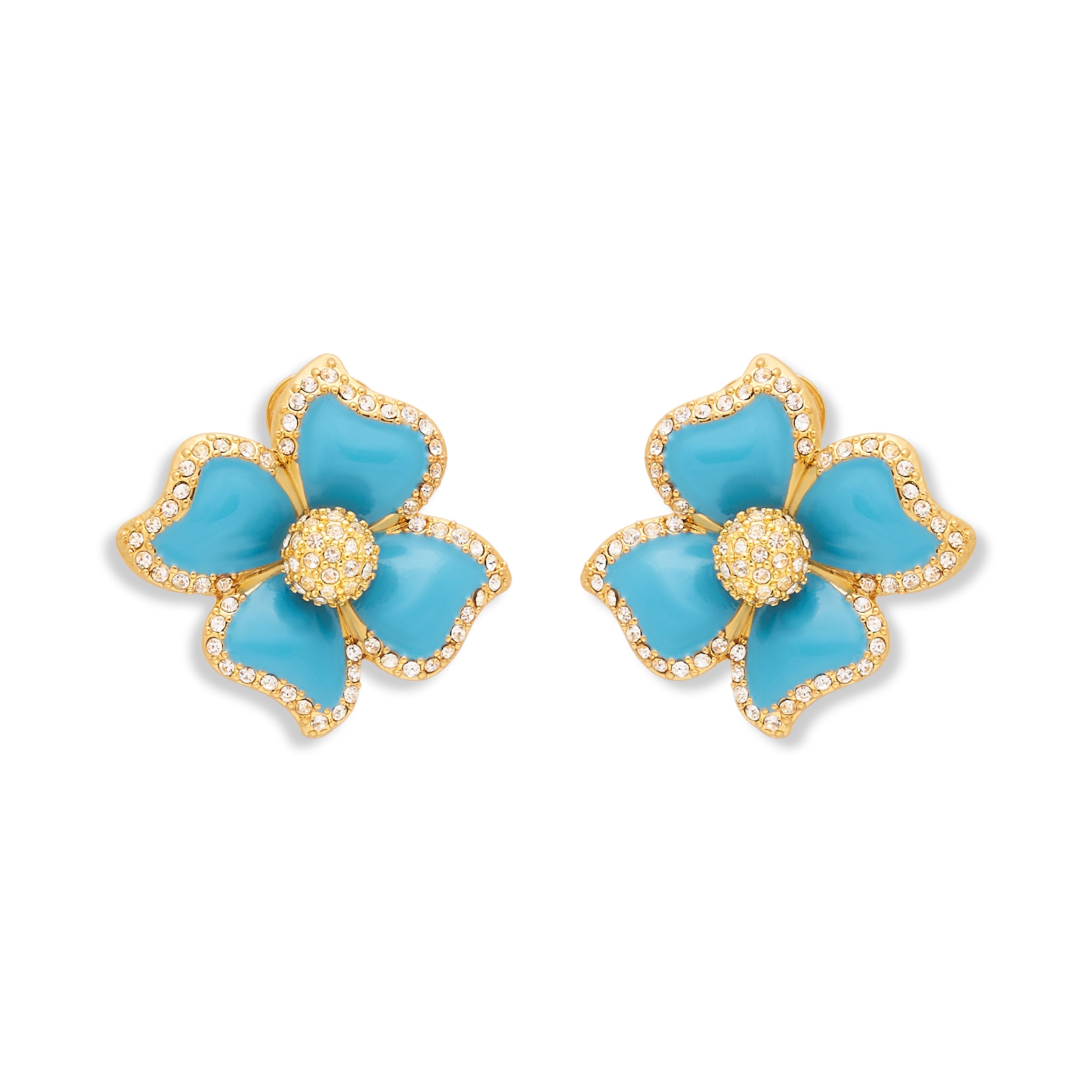 Turquoise Enamel Flower Clip Earrings