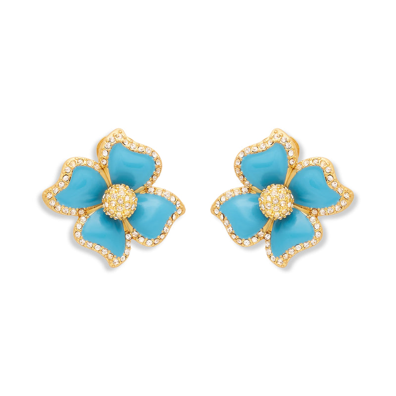 Turquoise Enamel Flower Clip Earrings