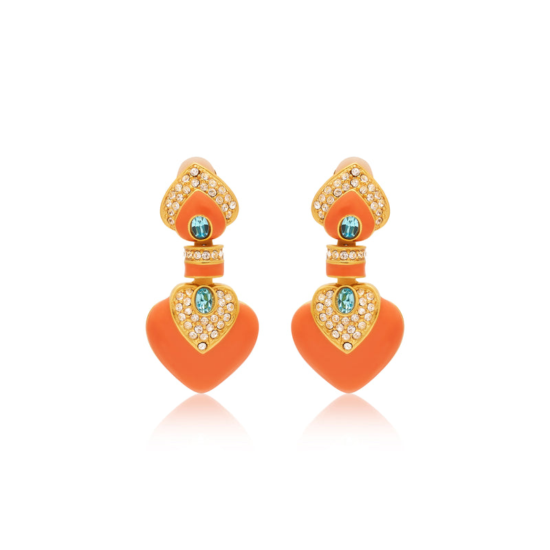 Coral & Aquamarine Heart Drop Clip Earrings