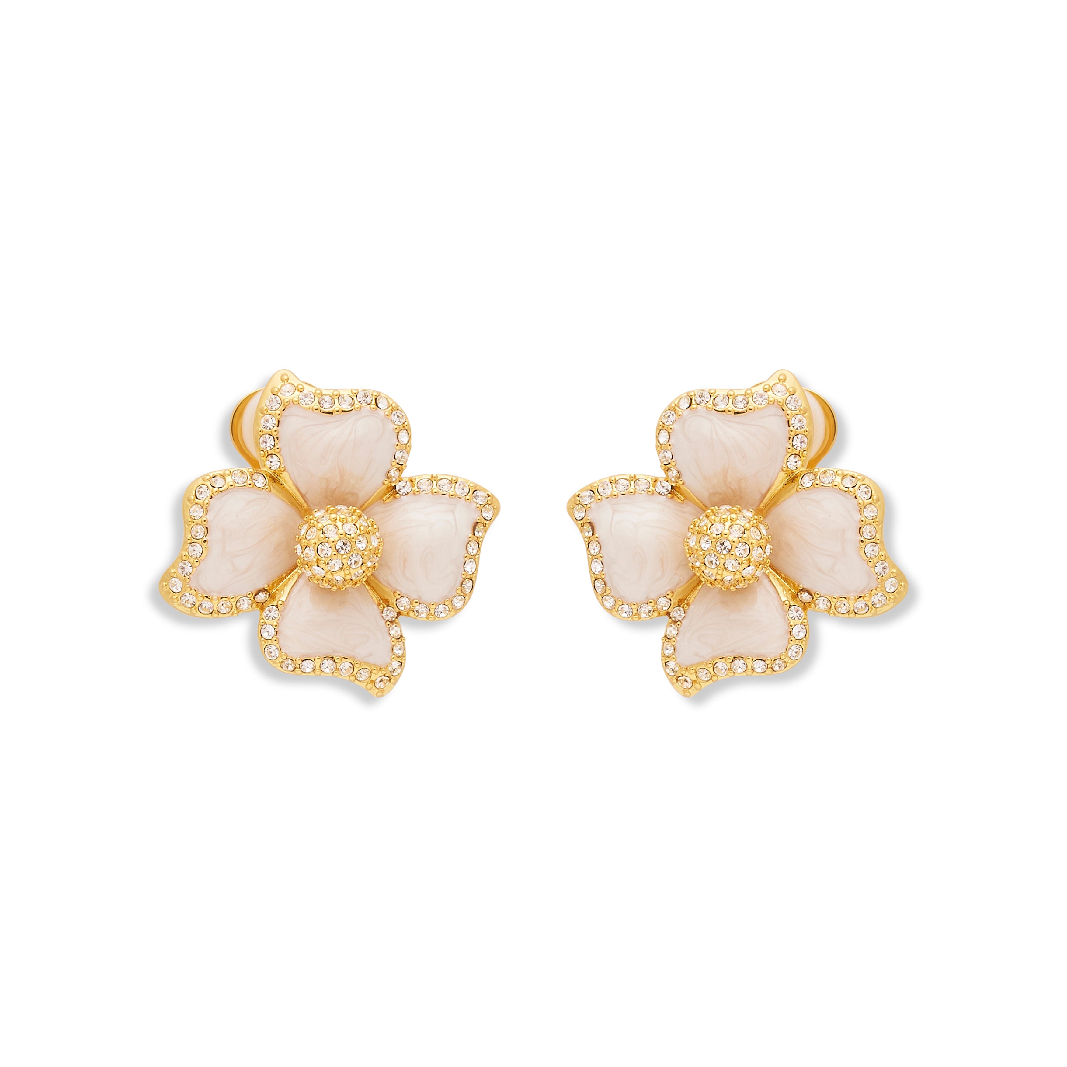 White Enamel Flower Clip Earrings