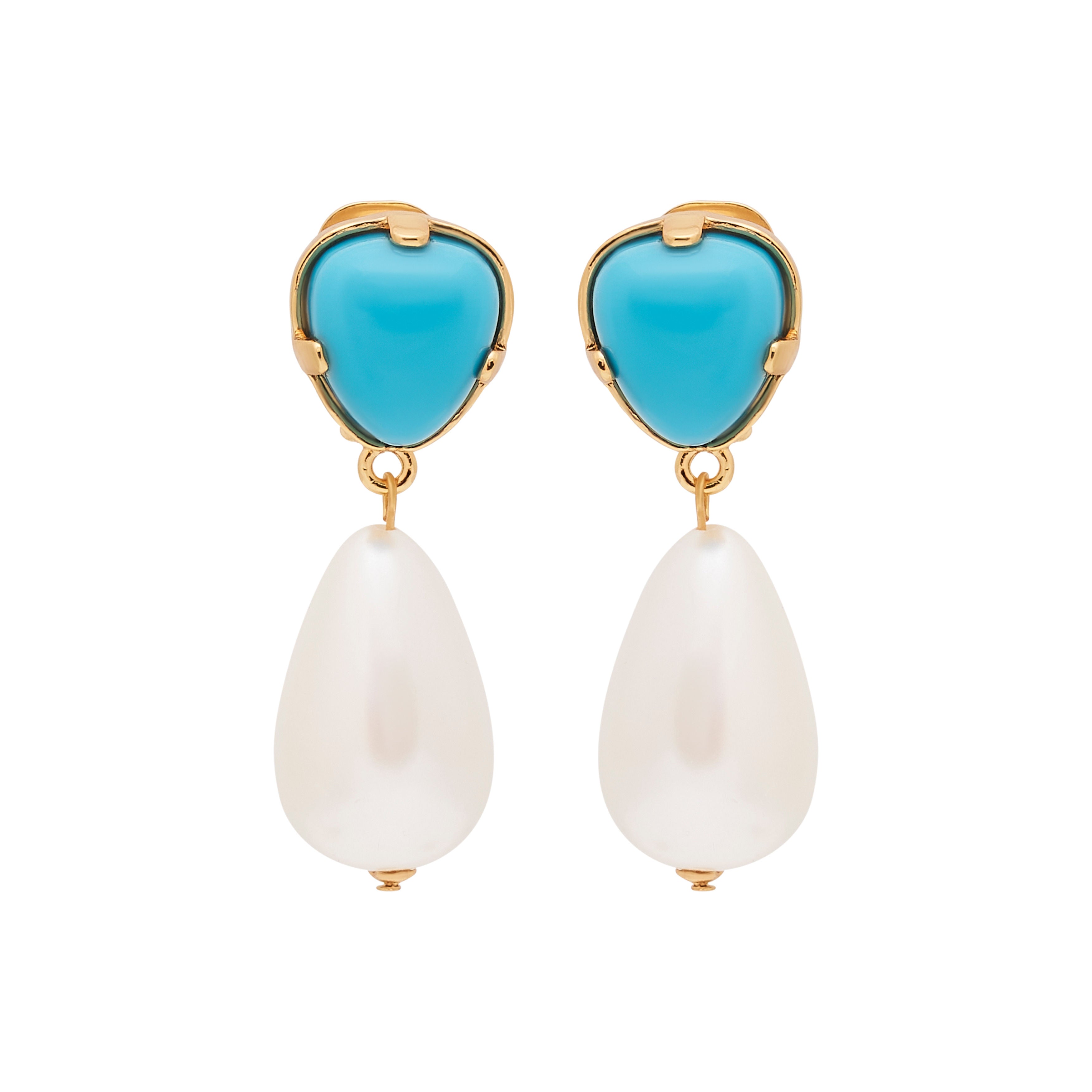 Kovonchy Blue Turquoise And White Pearl Drop Earrings – Gold Plated Dangle Studs, Nickel-Free