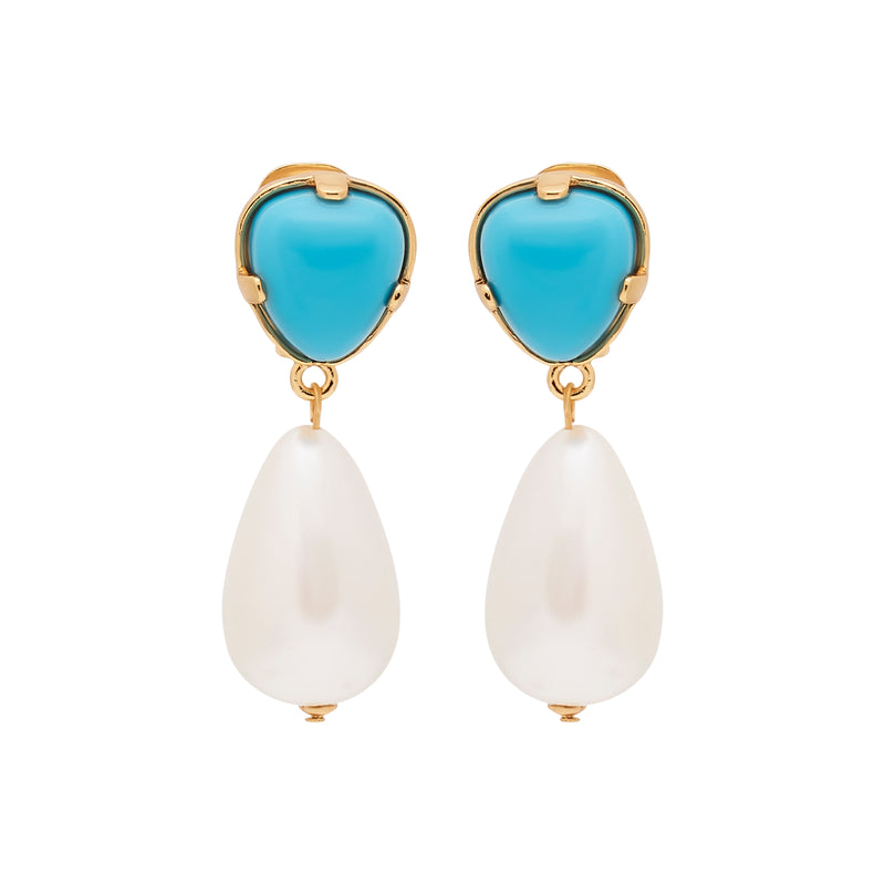 Turquoise & Pearl Drop Clip Earrings