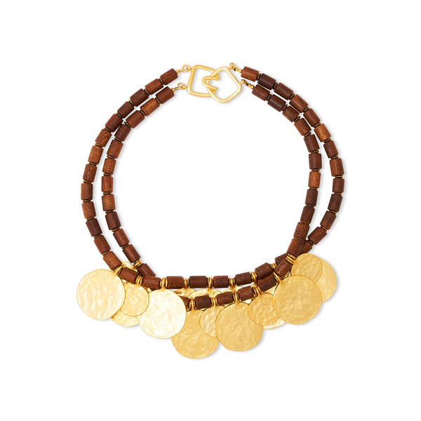 Satin Gold Coins & Wood Bead Necklace