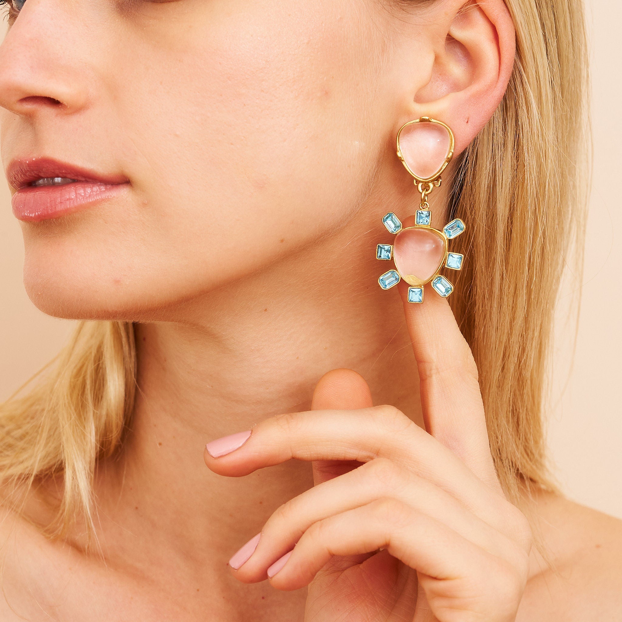 Aqua & Clear Center Drop Clip Earrings