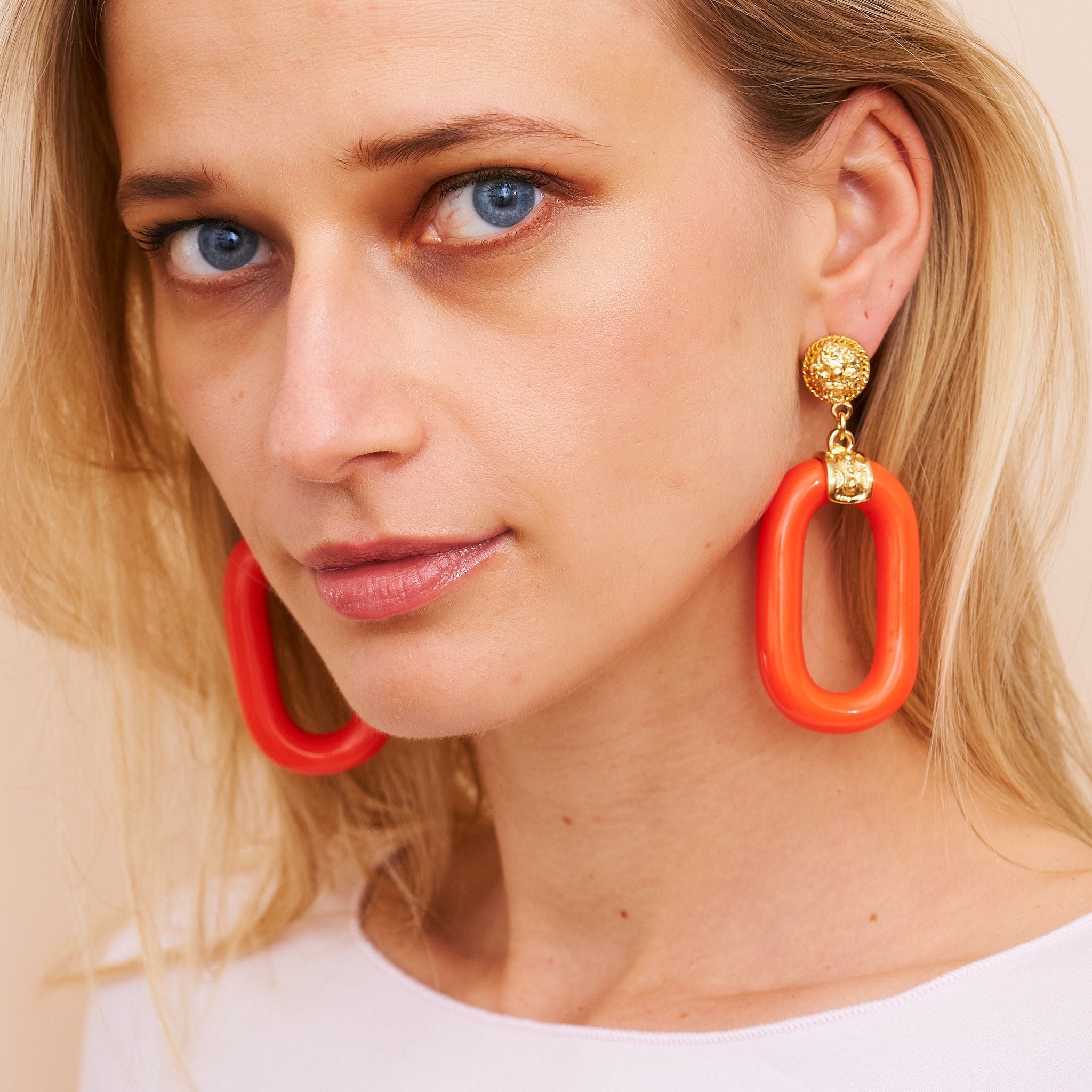 Polished Gold & Coral Resin Drop Earrings