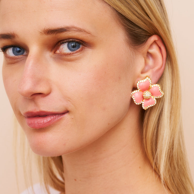 Pink Enamel Flower Clip Earrings