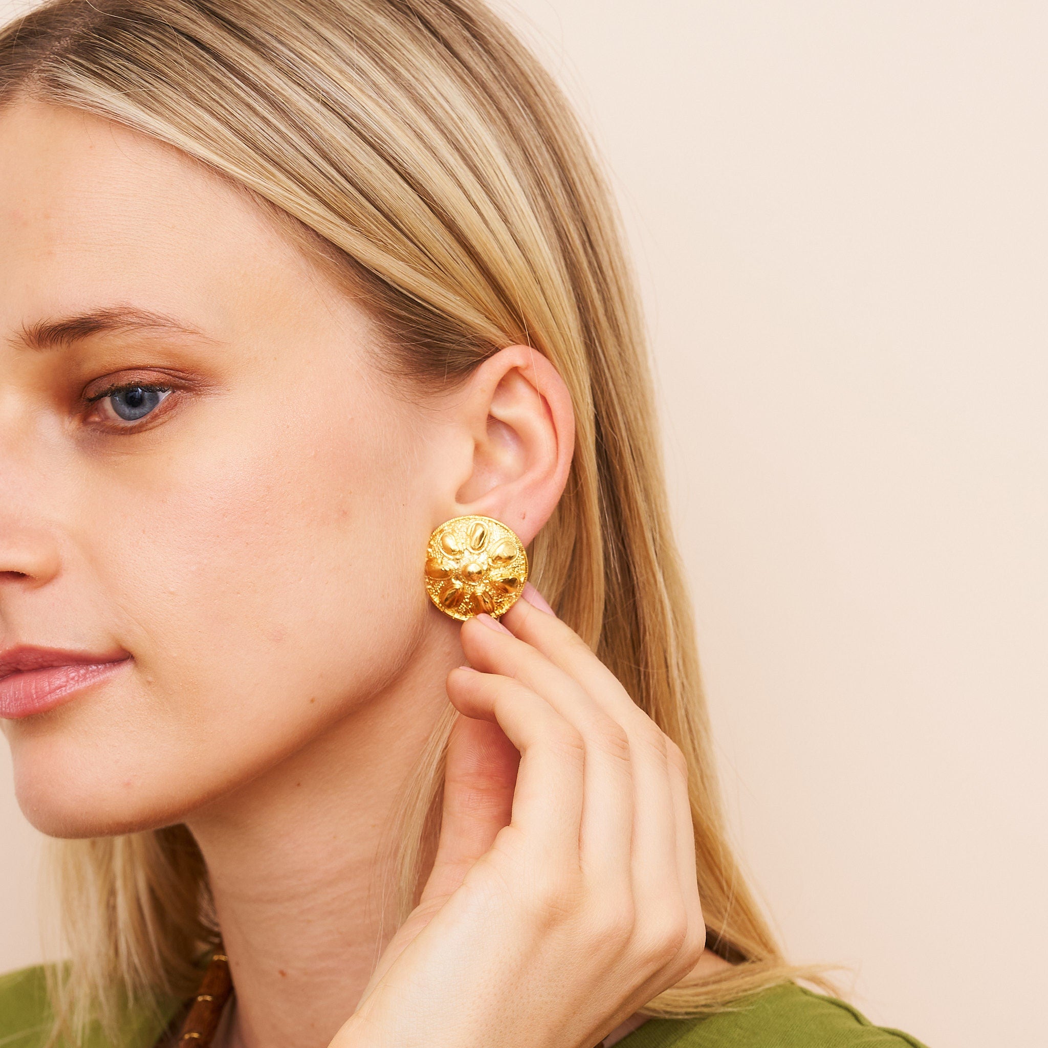 Satin Gold Sand Dollar Clip Earrings