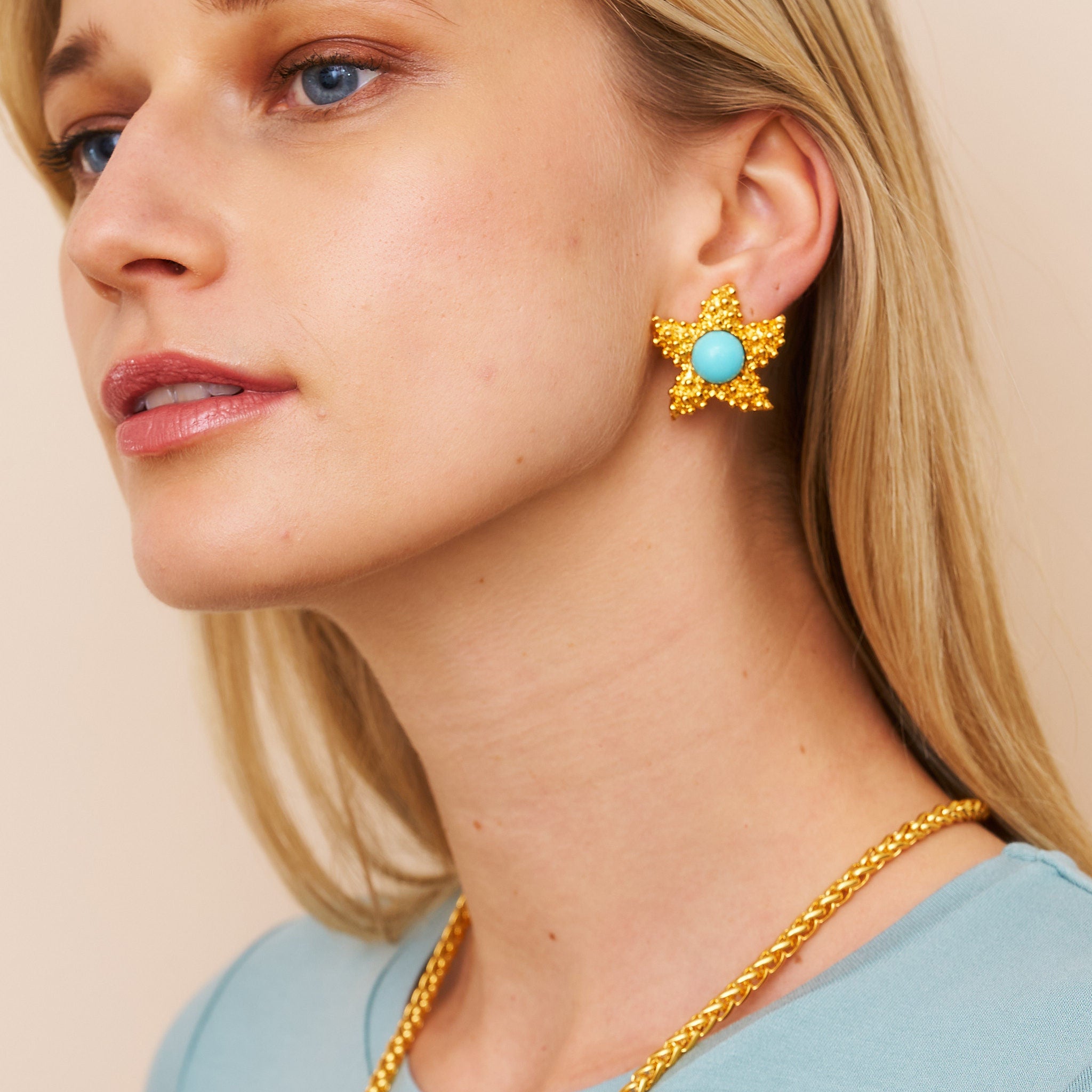 Gold &Turquoise Center Starfish Clip Earrings