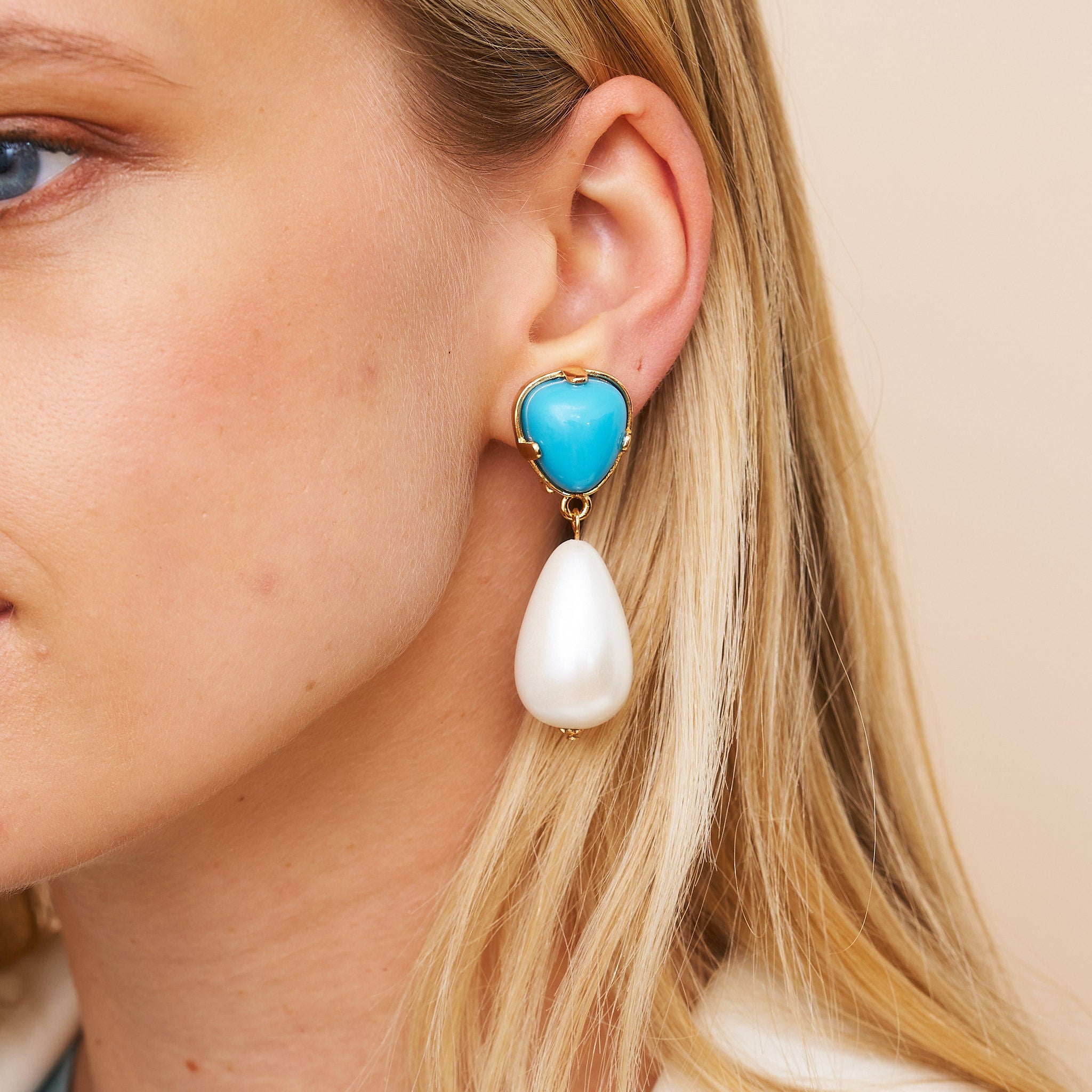 Turquoise & Pearl Drop Clip Earrings