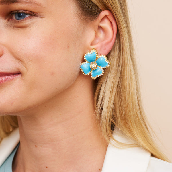 Turquoise Enamel Flower Clip Earrings