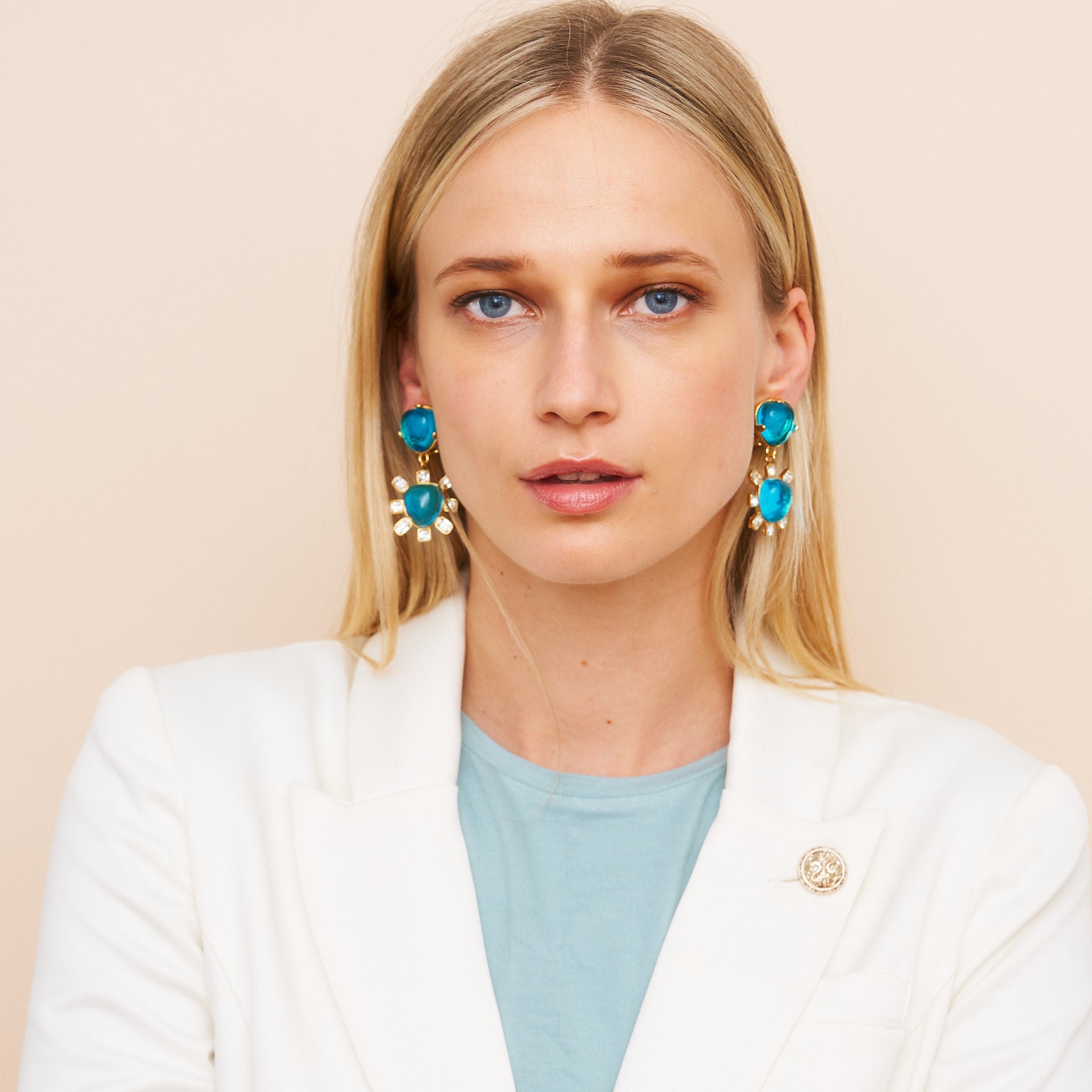 Gold & Aqua Drop Clip Earrings