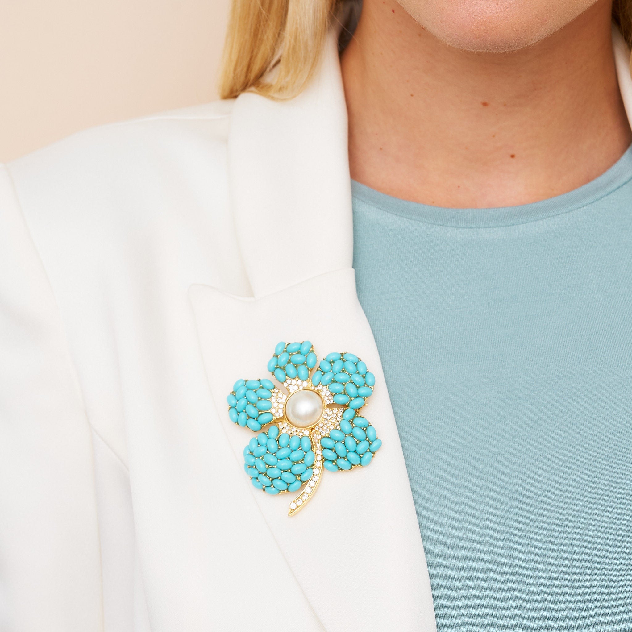 Turquoise & Pearl Flower Pin