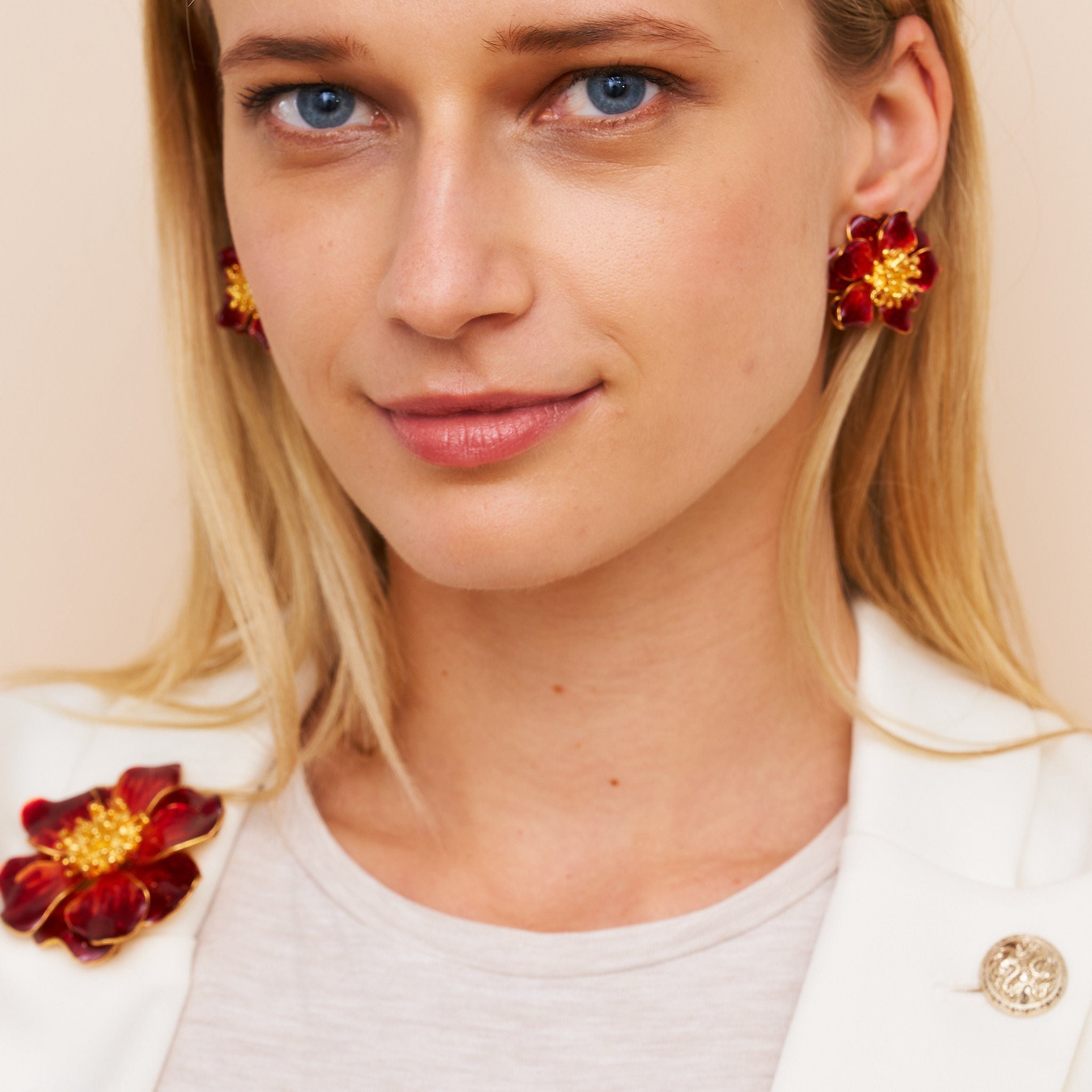 Red Enamel Flower Clip Earring