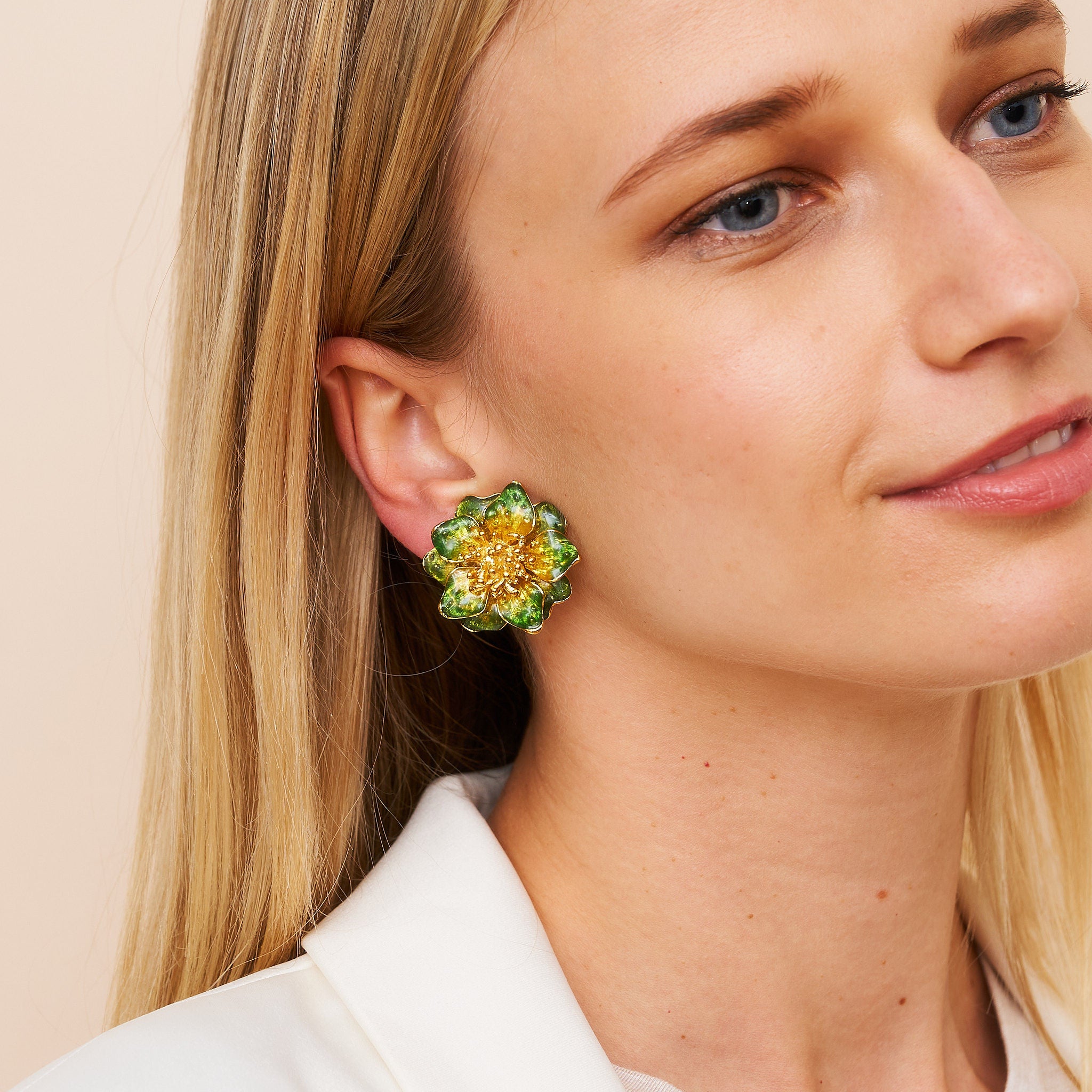 Green Enamel Flower Clip Earring