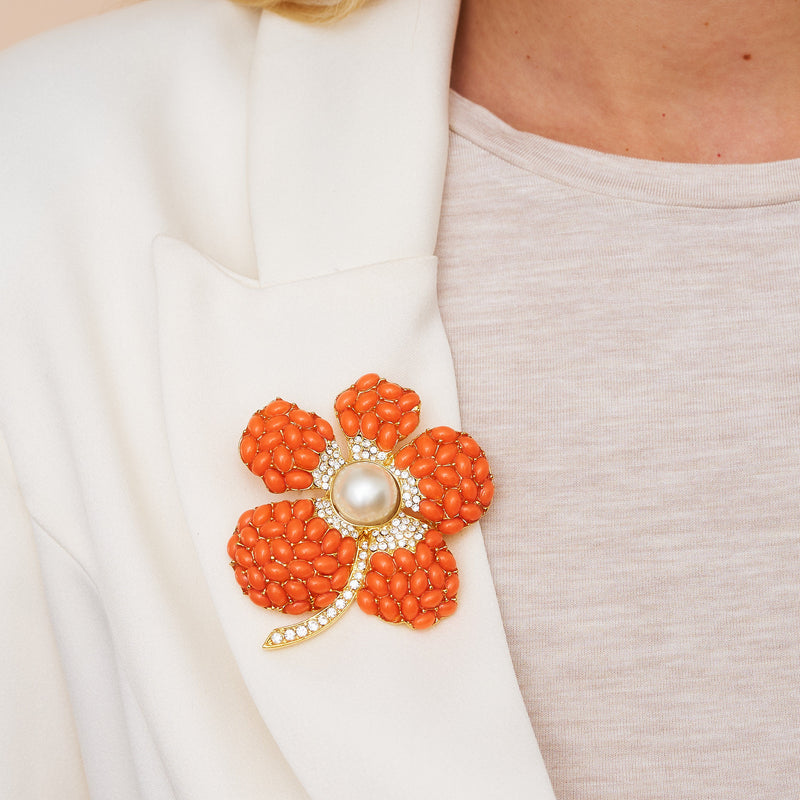 Coral & Pearl Flower Pin