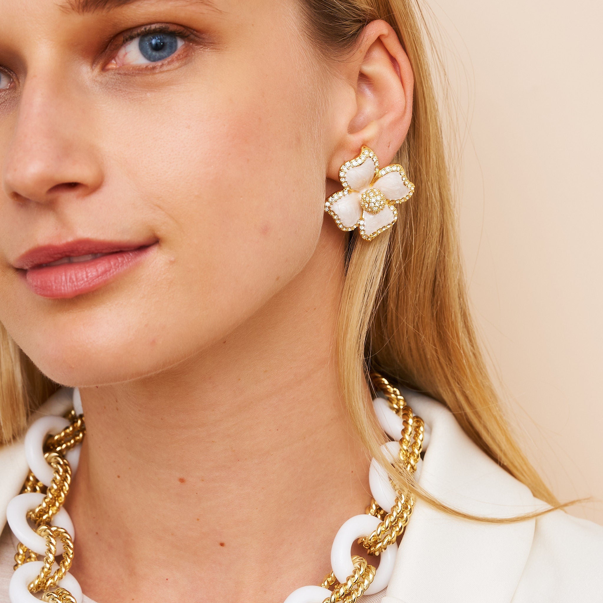 White Enamel Flower Clip Earrings