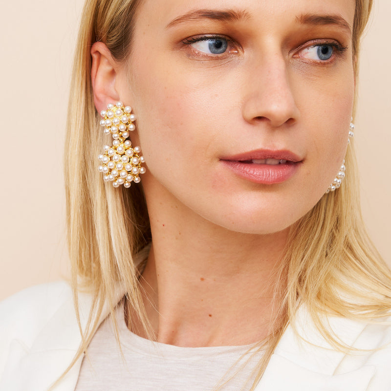 Pearl Cluster Drop Clip Earrings