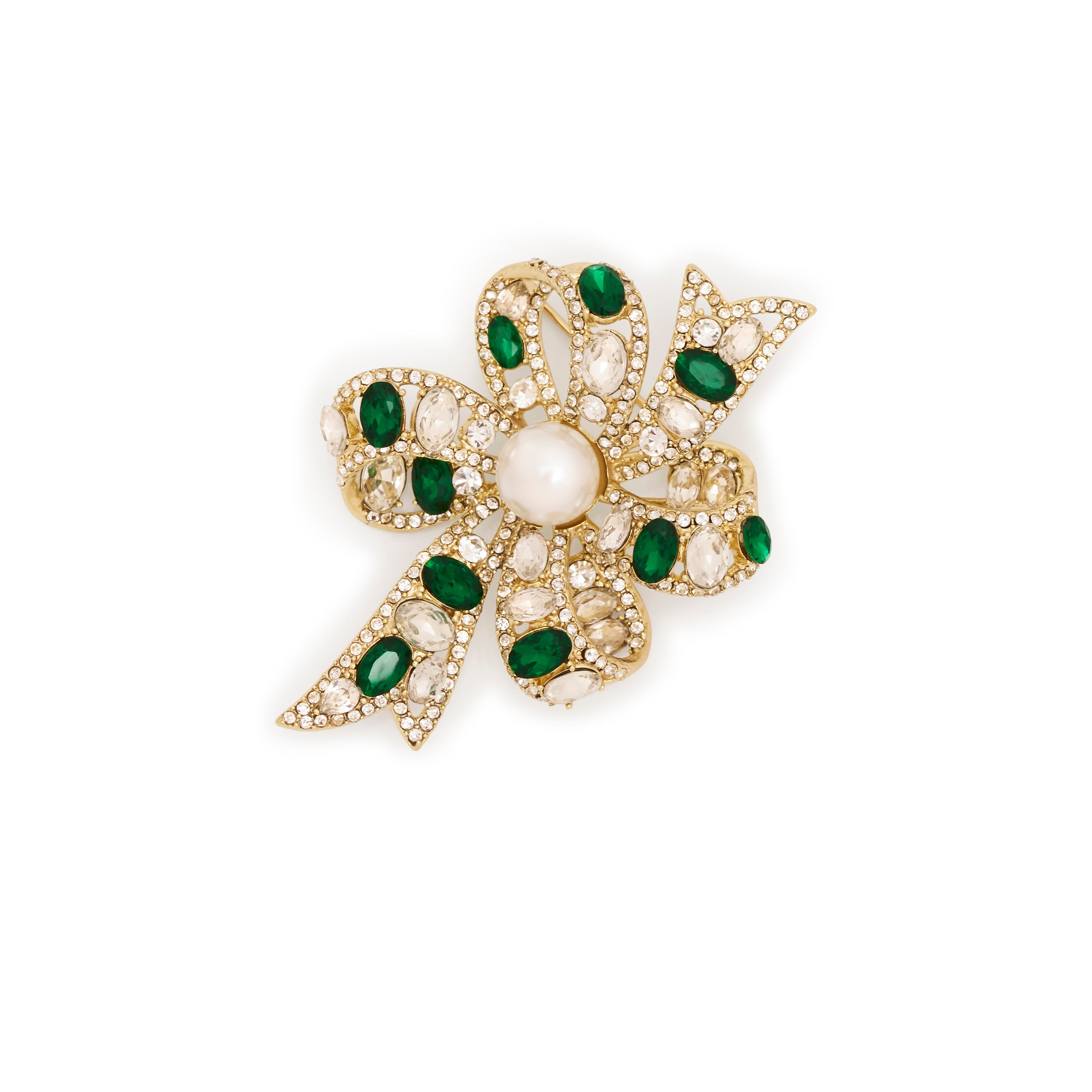 Emerald and Crystal Bow Pin