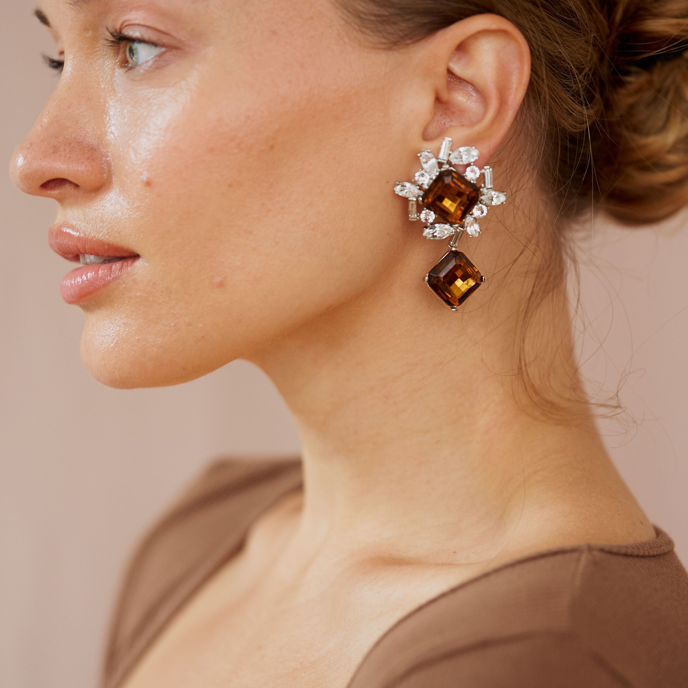 Topaz Rhinestone Drop Clip Earrings